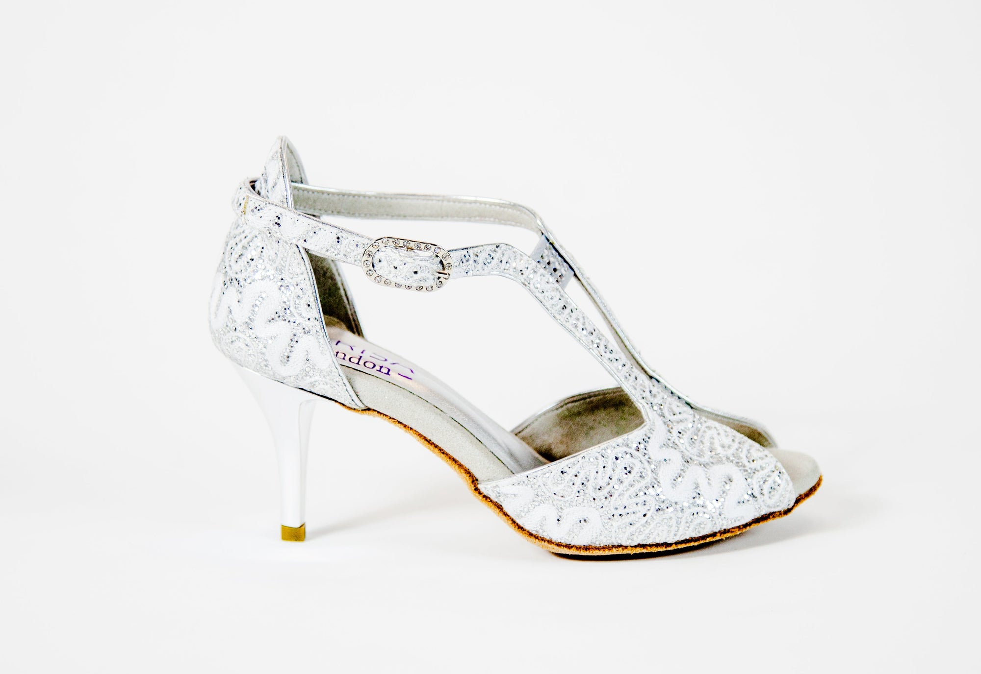 Marlene Pizzo Bianco 70R white lace dance sandal with silver heel, side view