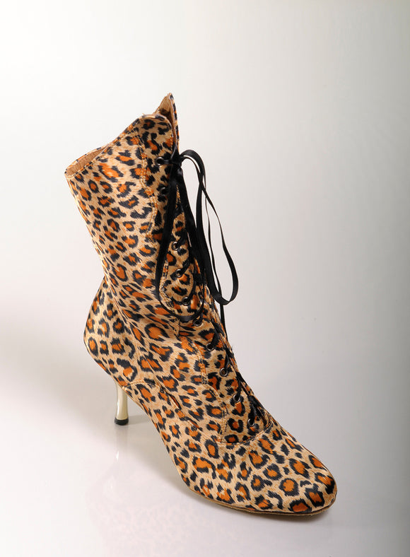 Leopard satin dance boots stiletto lace up suede sole