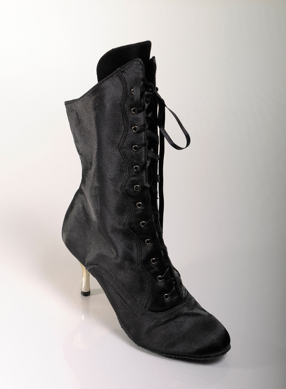 Black Satin stiletto dance boots suede sole front lace up zip on the side