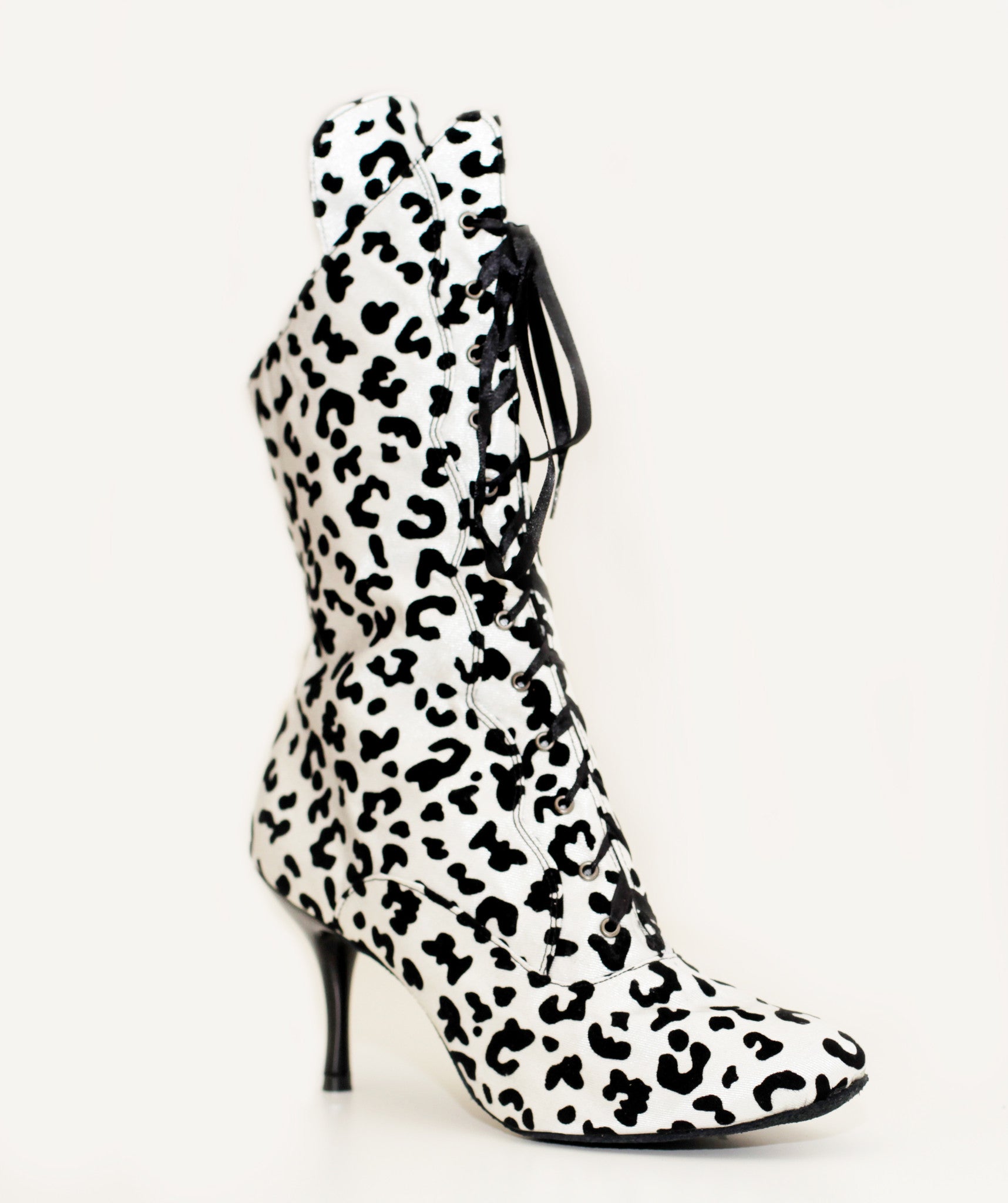 White and Black Dalmatian print satin and velvet dance boots with suede sole