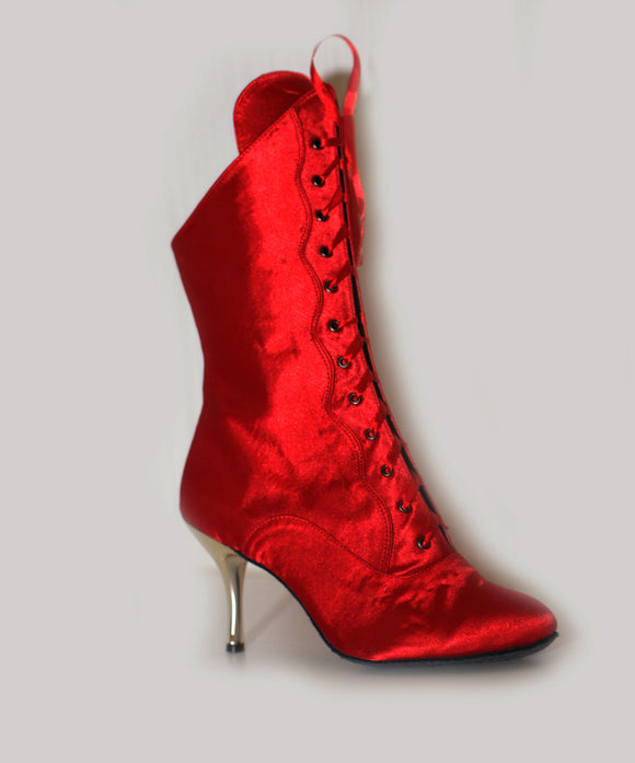 Red Satin stiletto dance boots lace up suede sole